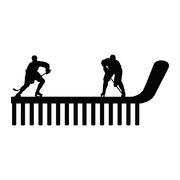 This black-painted steel medal holder features two hockey players in action, providing a stylish and functional piece of wall art. With 15 hooks, it offers ample space for displaying medals or other items. The precise laser-cut design ensures exceptional detail and quality, making it an ideal addition to any sports enthusiast's decor. The dimensions are 18.0 inches wide by 8.5 inches high, crafted from durable steel with a painted black finish.